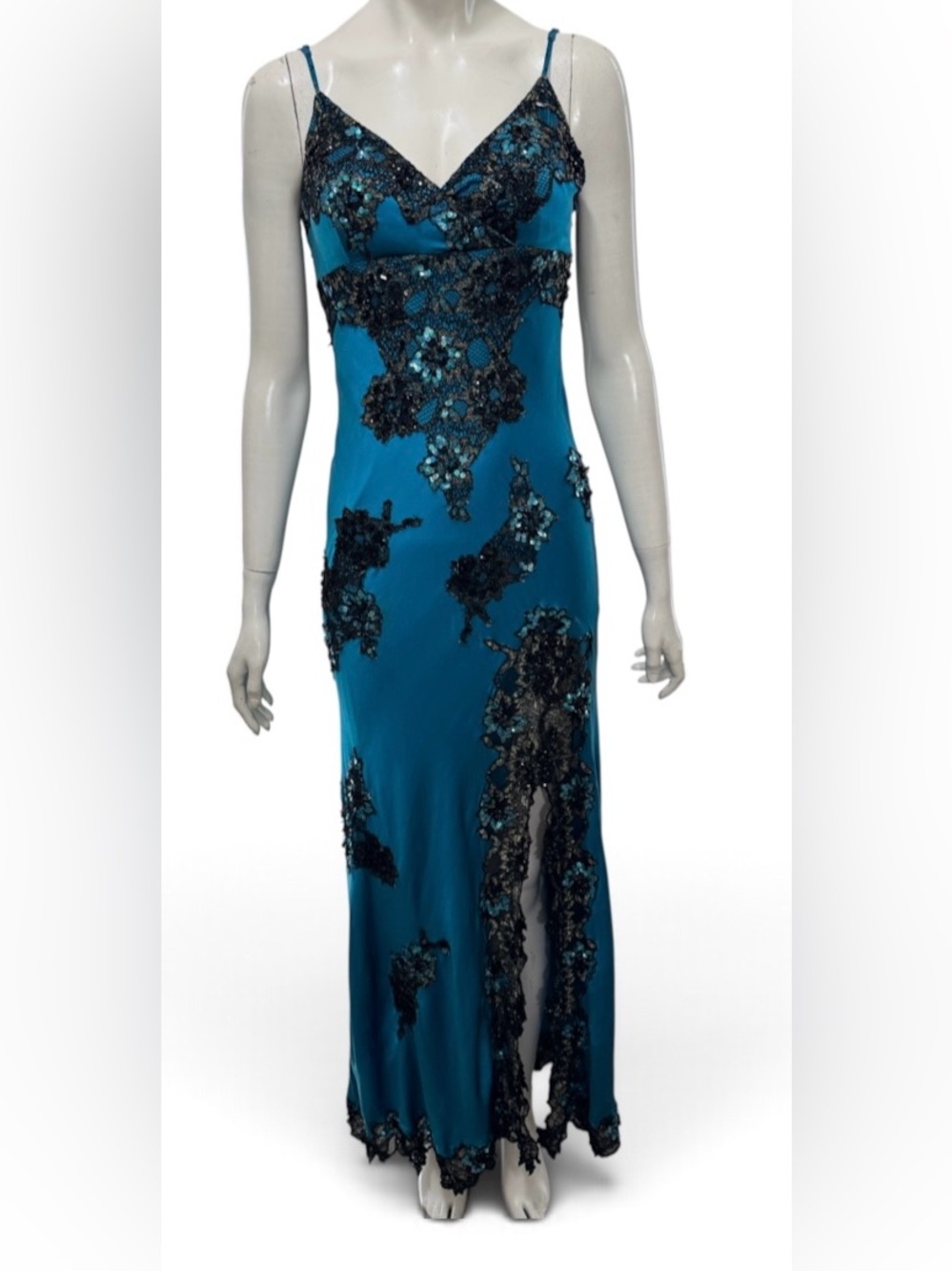 Cache Vintage 100% Silk Teal Dress Size 6 Black Lace Appliqué Cocktail Party